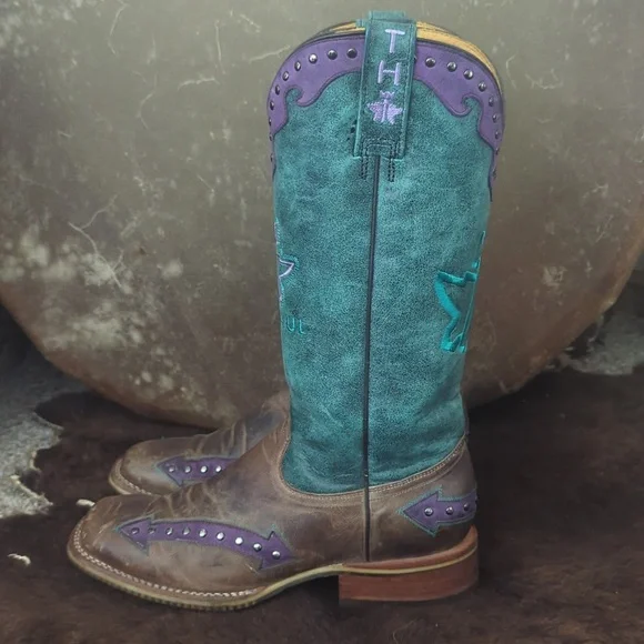 TIN HAUL ladies "WILD ROSE" cowboy boots brown/teal/purple leather Arrows sz 8 - Picture 2 of 16